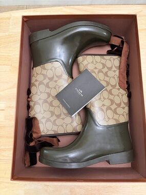 Coach Rubber Brown & Tan Signature Canvas Rain Boots